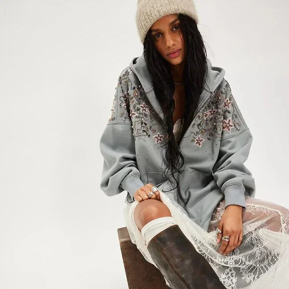 FREE PEOPLE Glitter Oversized Embellished Hoodie NWT - Picture 2 of 16